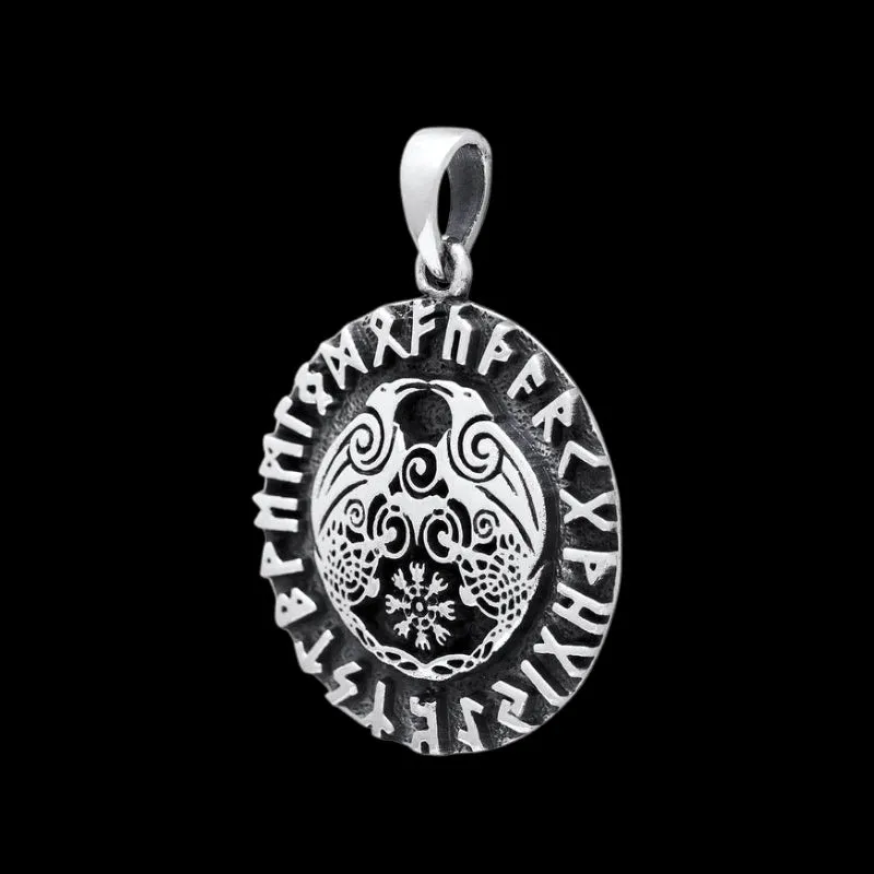 Huginn and Muninn Raven Helm of Awe Runes  925 STERLING SILVER PENDANT