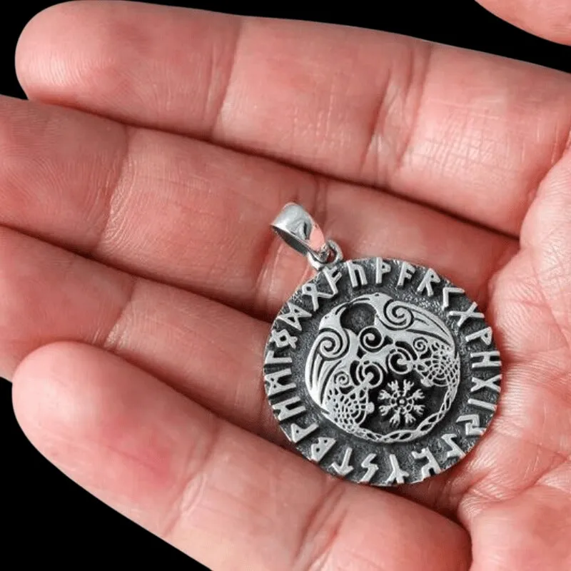 Huginn and Muninn Raven Helm of Awe Runes  925 STERLING SILVER PENDANT