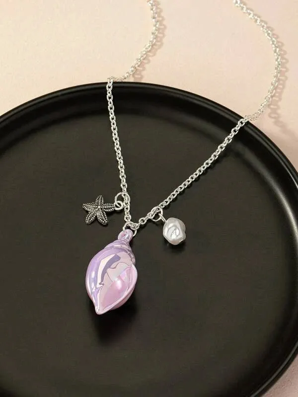 Iridescent Purple Seashell & Starfish Pendant Necklace