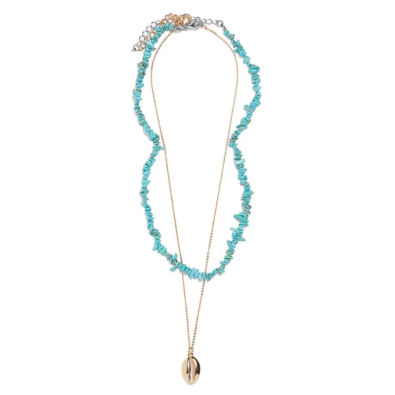 Irregular Turquoise Shell Pendant Double Clavicle Chain
