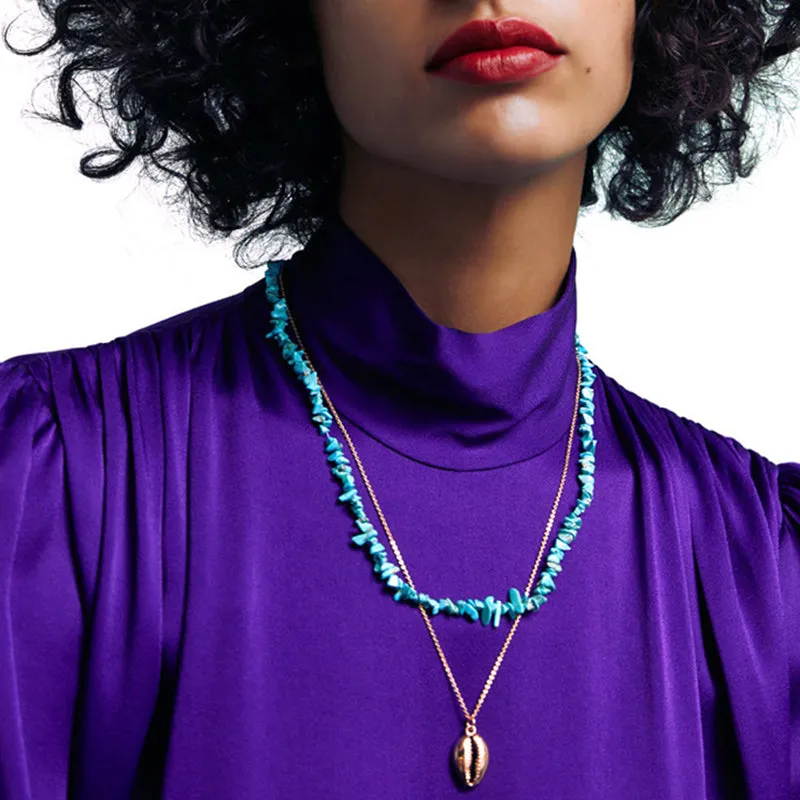 Irregular Turquoise Shell Pendant Double Clavicle Chain
