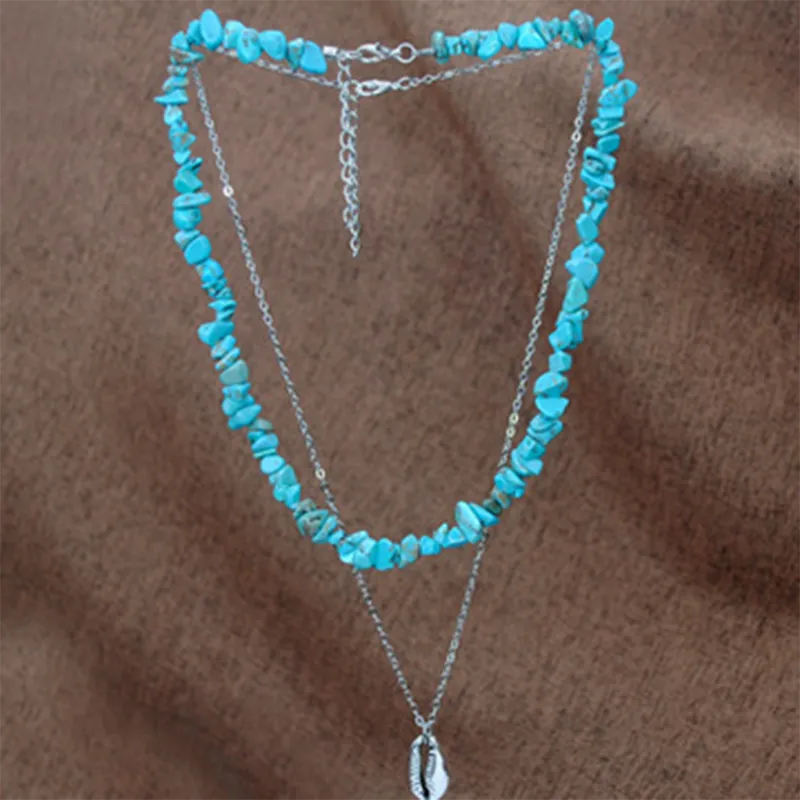 Irregular Turquoise Shell Pendant Double Clavicle Chain