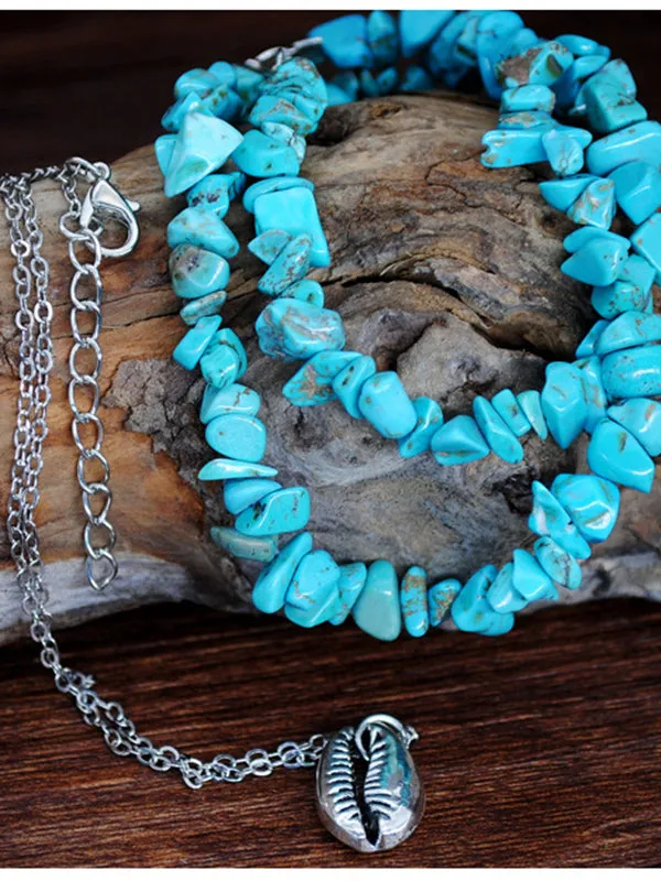 Irregular Turquoise Shell Pendant Double Clavicle Chain