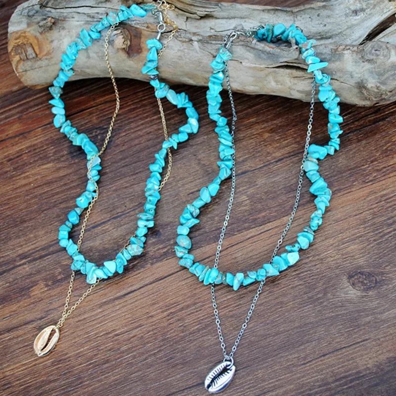 Irregular Turquoise Shell Pendant Double Clavicle Chain