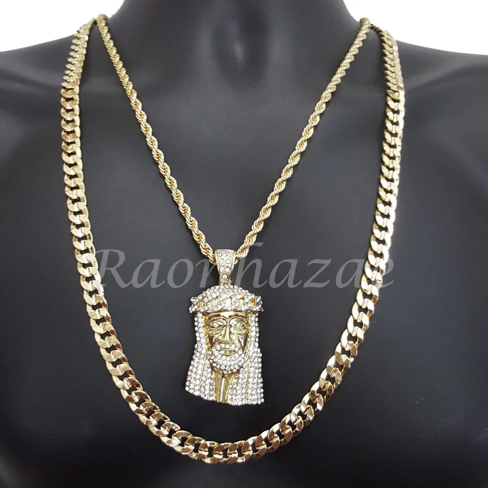 JESUS FACE ROPE CHAIN DIAMOND CUT 30" CUBAN CHAIN NECKLACE SET G21
