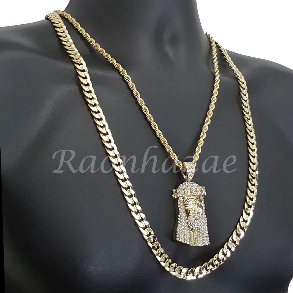 JESUS FACE ROPE CHAIN DIAMOND CUT 30" CUBAN CHAIN NECKLACE SET G21