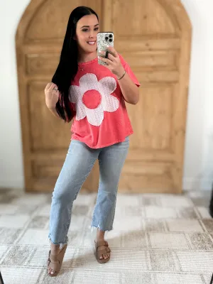 J.HER MINERAL WASHED FLOWER PATCH COTTON T-SHIRT CORAL