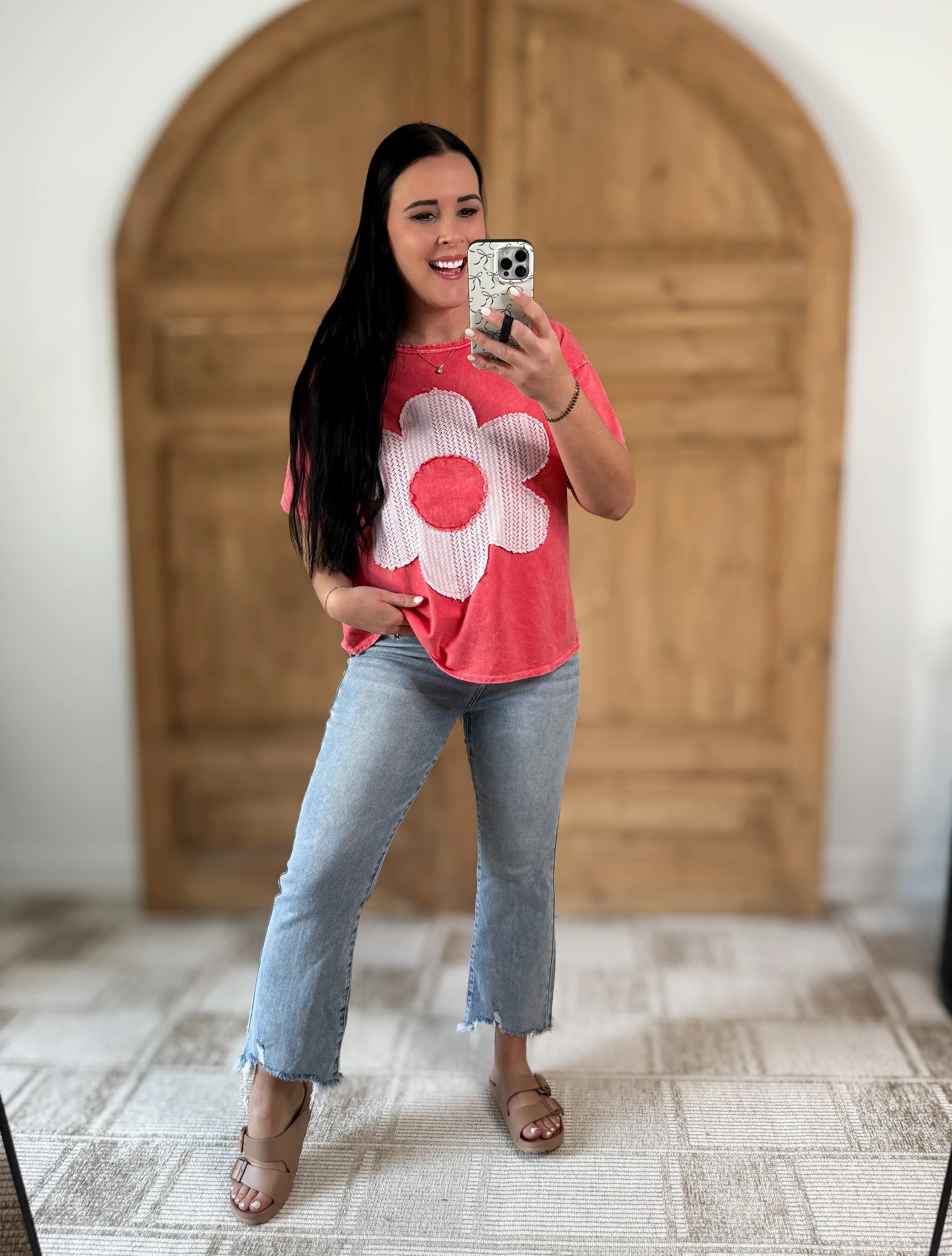J.HER MINERAL WASHED FLOWER PATCH COTTON T-SHIRT CORAL