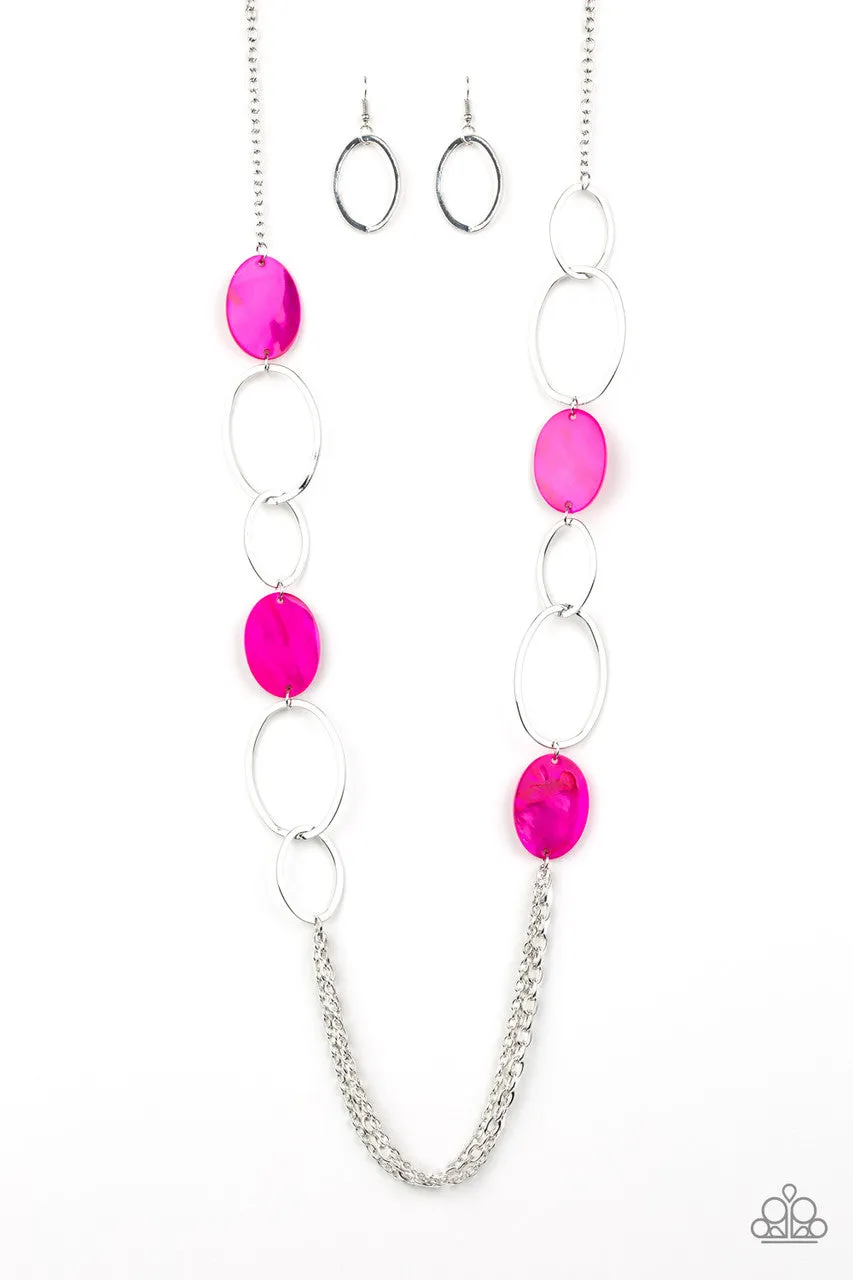 Kaleidoscope Coasts - Pink - Seashell-Like Bead Silver Hoop Paparazzi Long Necklace