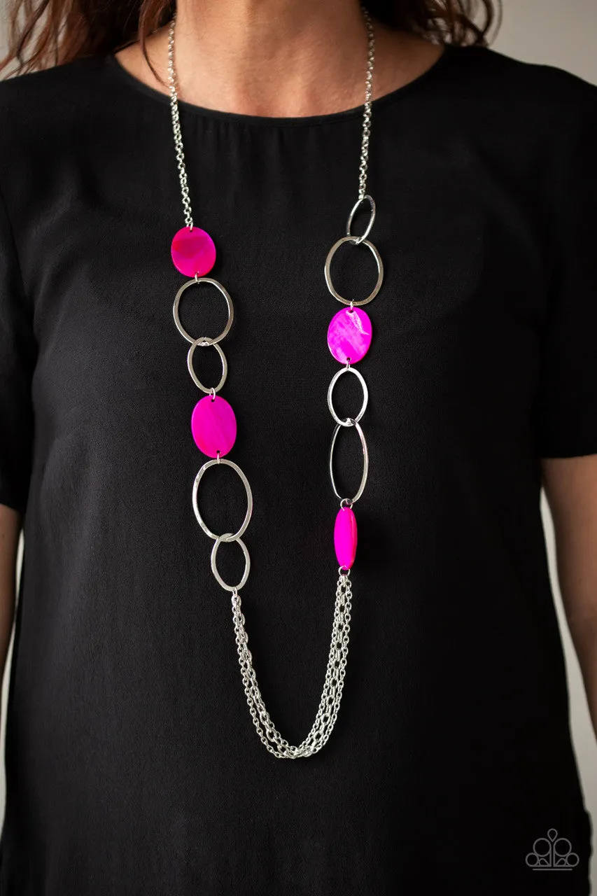 Kaleidoscope Coasts - Pink - Seashell-Like Bead Silver Hoop Paparazzi Long Necklace