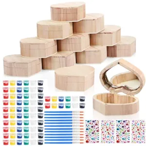 Kigley 100 Pcs Unfinished Wooden Heart Box Kit Include 12 Pcs Heart Treasure Box 72 Pcs Paints, 12pcs Brushes, 4 Sheets Rhinestones Stickers Craft