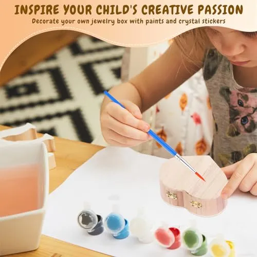 Kigley 100 Pcs Unfinished Wooden Heart Box Kit Include 12 Pcs Heart Treasure Box 72 Pcs Paints, 12pcs Brushes, 4 Sheets Rhinestones Stickers Craft