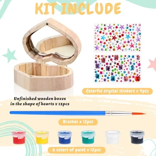 Kigley 100 Pcs Unfinished Wooden Heart Box Kit Include 12 Pcs Heart Treasure Box 72 Pcs Paints, 12pcs Brushes, 4 Sheets Rhinestones Stickers Craft