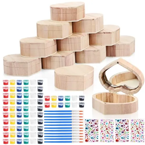 Kigley 100 Pcs Unfinished Wooden Heart Box Kit Include 12 Pcs Heart Treasure Box 72 Pcs Paints, 12pcs Brushes, 4 Sheets Rhinestones Stickers Craft
