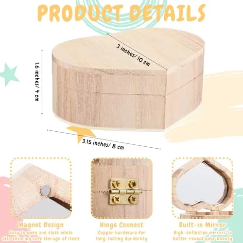 Kigley 100 Pcs Unfinished Wooden Heart Box Kit Include 12 Pcs Heart Treasure Box 72 Pcs Paints, 12pcs Brushes, 4 Sheets Rhinestones Stickers Craft