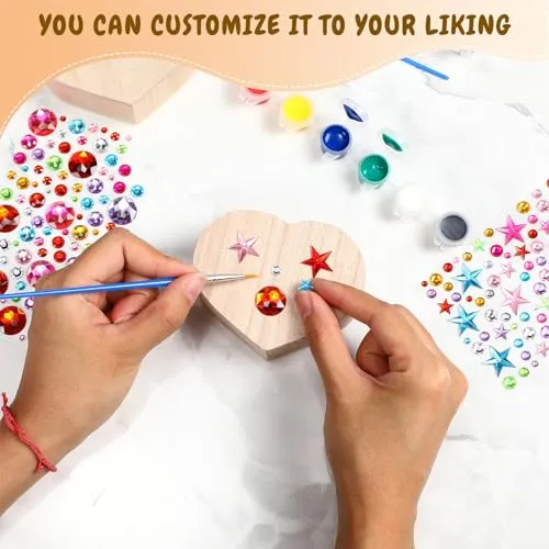 Kigley 100 Pcs Unfinished Wooden Heart Box Kit Include 12 Pcs Heart Treasure Box 72 Pcs Paints, 12pcs Brushes, 4 Sheets Rhinestones Stickers Craft