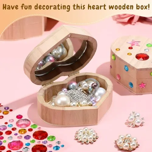 Kigley 100 Pcs Unfinished Wooden Heart Box Kit Include 12 Pcs Heart Treasure Box 72 Pcs Paints, 12pcs Brushes, 4 Sheets Rhinestones Stickers Craft