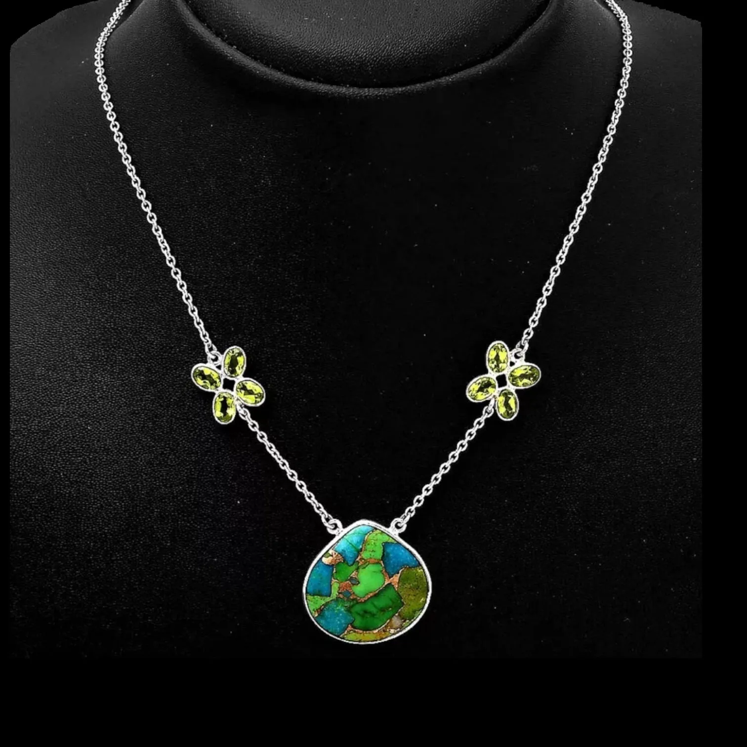 Kingman Green Blue Copper Turquoise & Peridot Solid 925 Sterling Silver Necklace