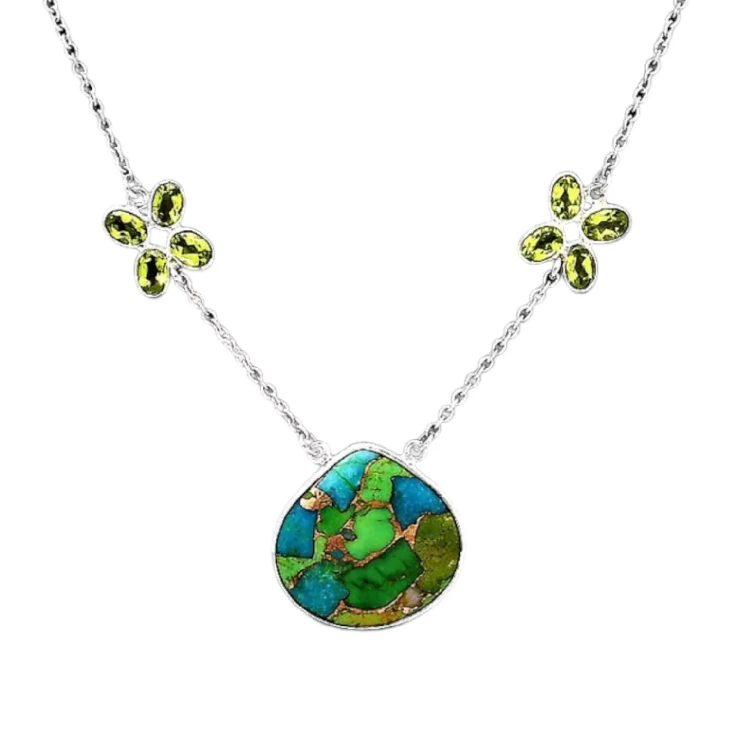 Kingman Green Blue Copper Turquoise & Peridot Solid 925 Sterling Silver Necklace