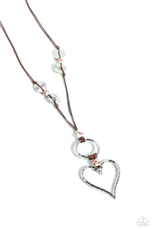 KNOT Over Yet - Red - and White Floral Bead Hammered Heart Paparazzi Long Corded Necklace