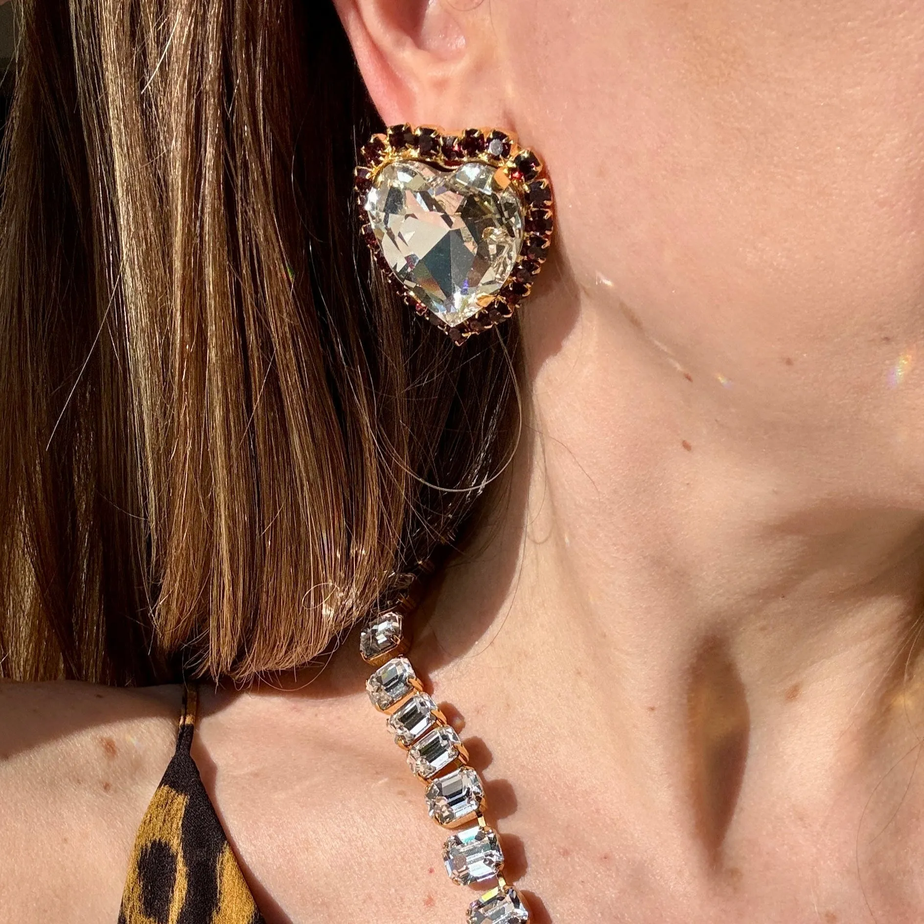 Large Diamond and Red Crystal Heart Post Earrings