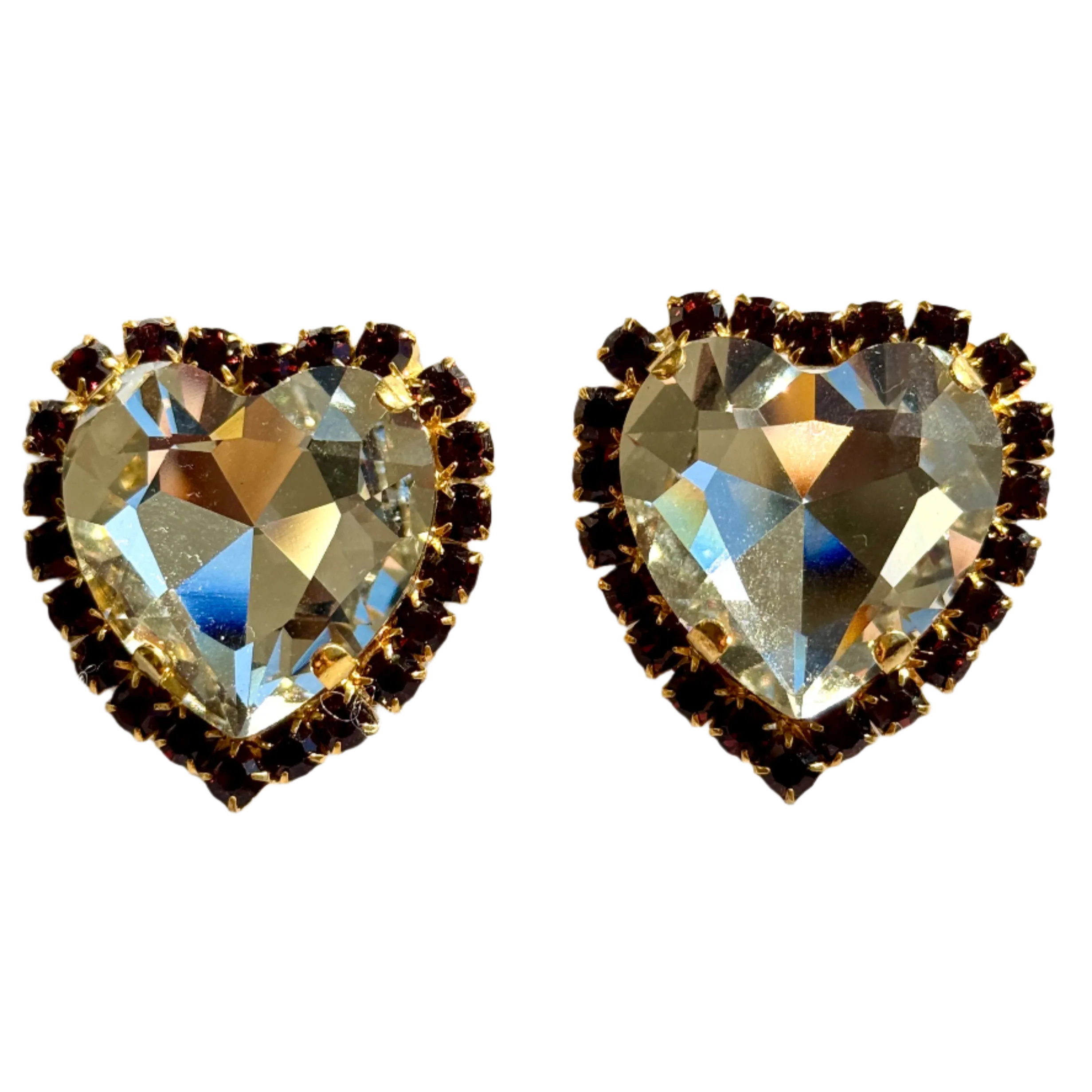 Large Diamond and Red Crystal Heart Post Earrings