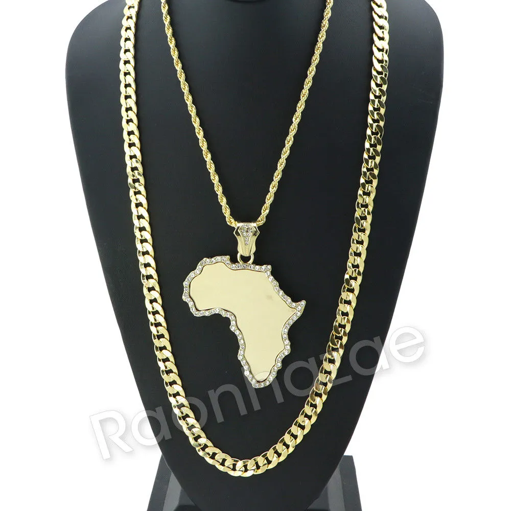 LARGE MIRROR AFRICA MAP ROPE CHAIN DIAMOND CUT CUBAN CHAIN NECKLACE G59