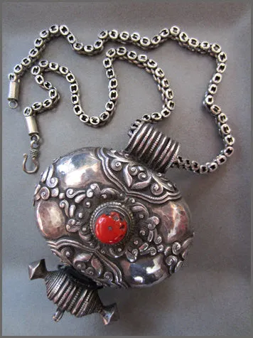 Large Tibetan Silver Charmbox with Coral on Heavy Silver Chain