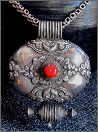 Large Tibetan Silver Charmbox with Coral on Heavy Silver Chain