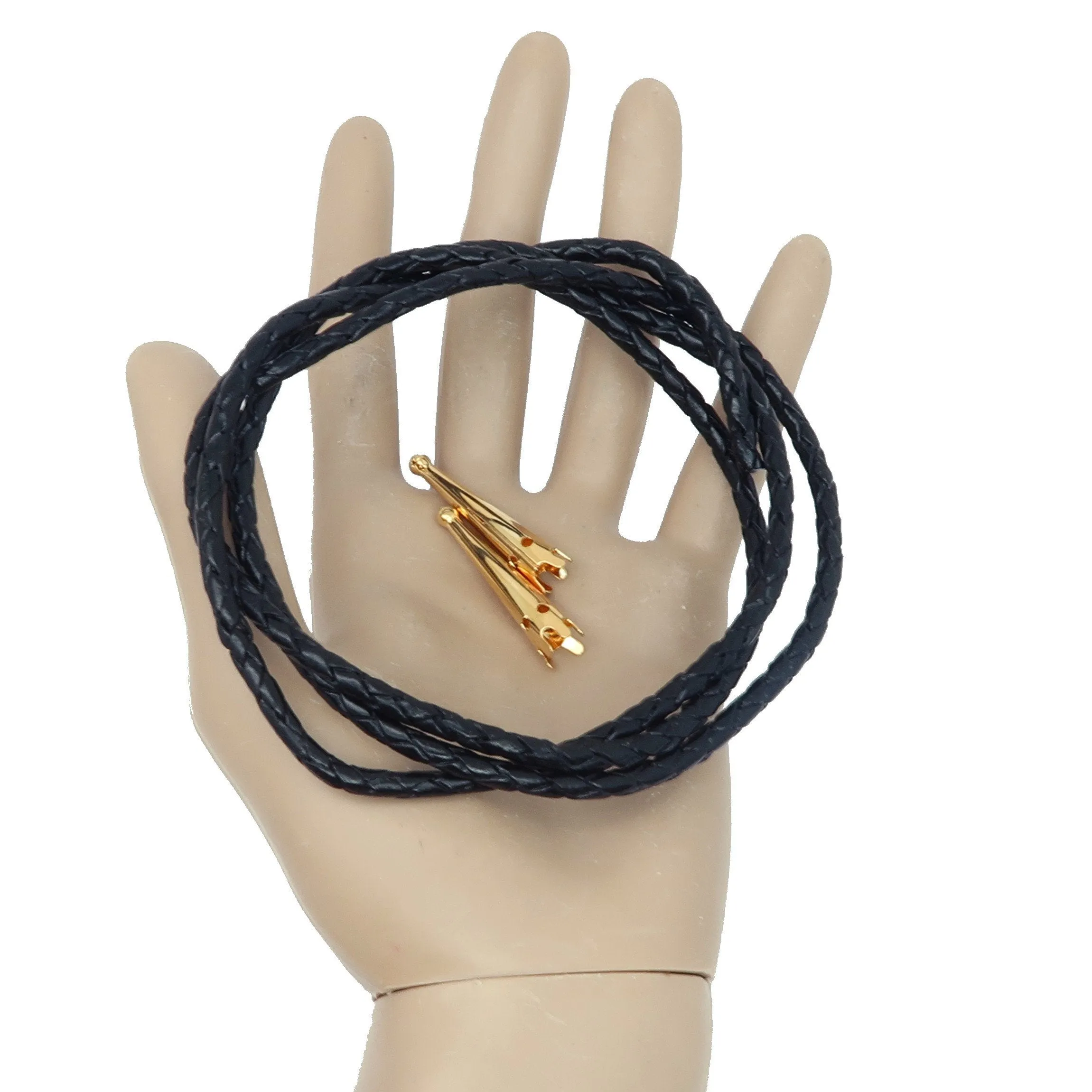 Leather Bolo Cord Necklace Black Braided Gold Tips