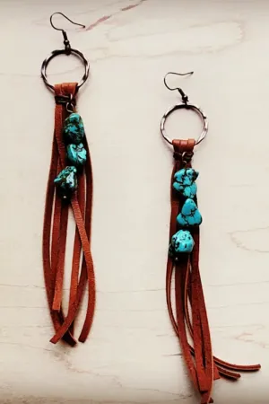 Leather Fringe Earrings with Turquoise Chunks