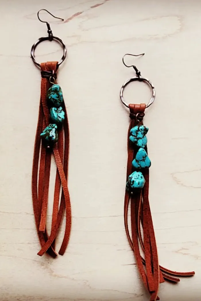 Leather Fringe Earrings with Turquoise Chunks