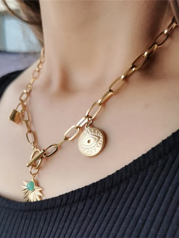 Leaves Devil's Eye Lock Pendant OT Buckle Collarbone Necklace