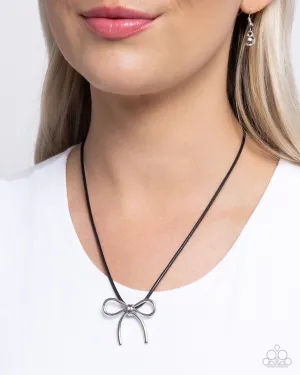 Leisurely Ladylike - Black - Cord Silver Bow Paparazzi Short Necklace
