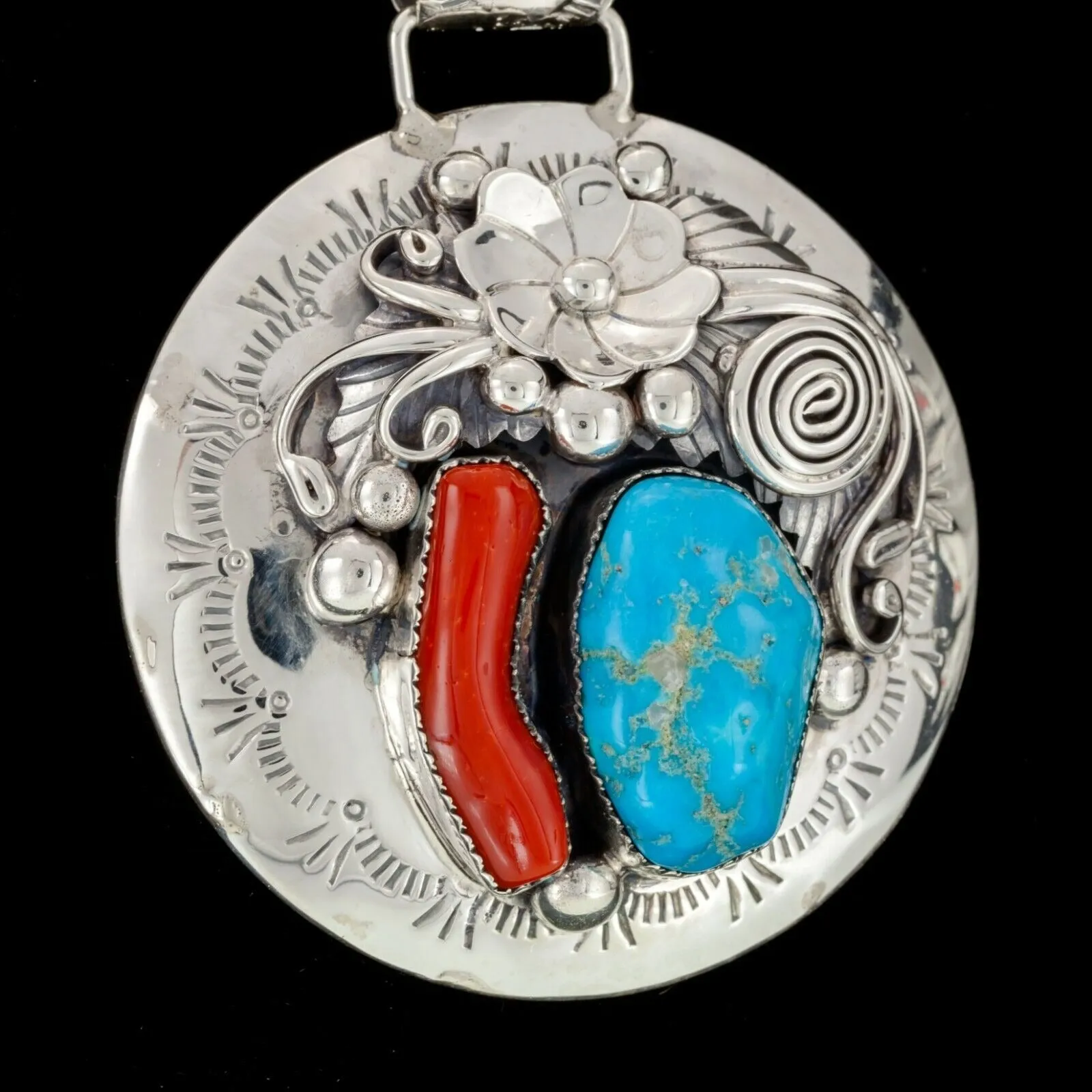Leo Nez Navajo Turquoise & Red Coral Sterling Silver Round Pendant 36.3gr