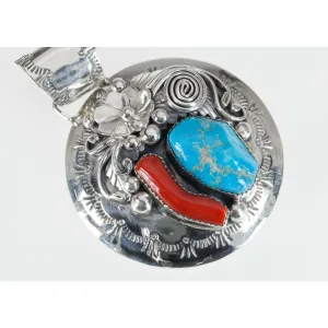Leo Nez Navajo Turquoise & Red Coral Sterling Silver Round Pendant 36.3gr