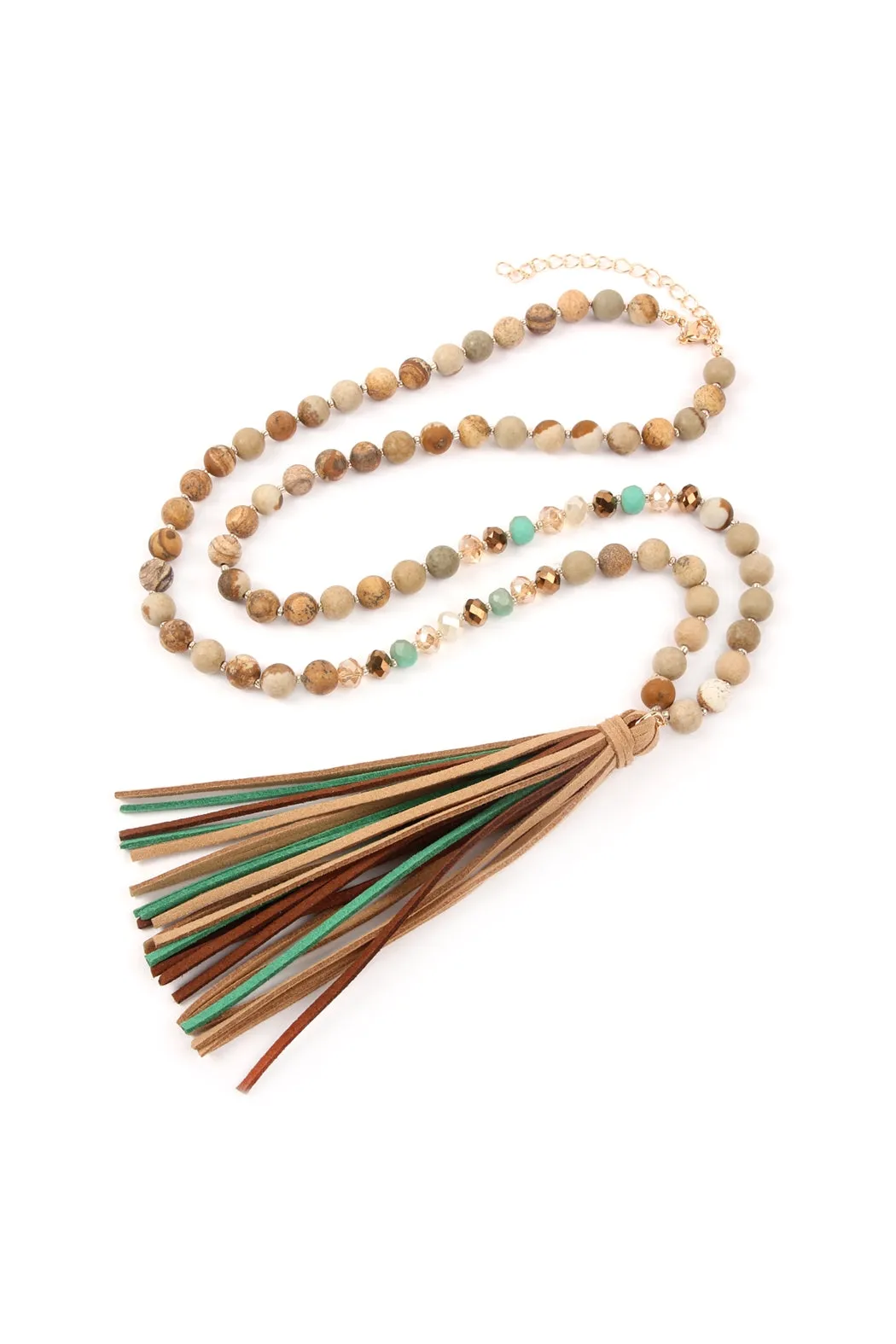Light Brown Colorful Natural Stone and Glass Beads with Tassel Necklace - Pack of 6