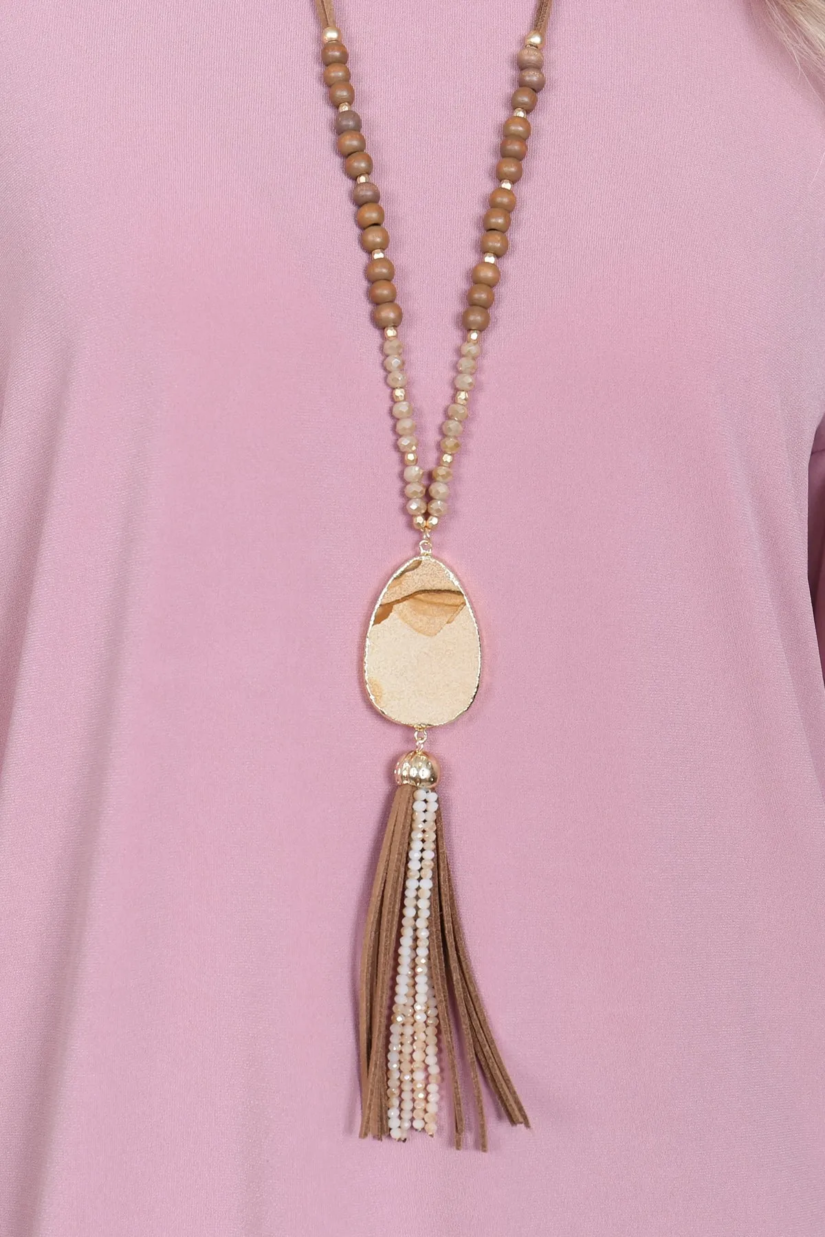 Light Brown Natural Stone with Tassel Pendant Necklace - Pack of 6