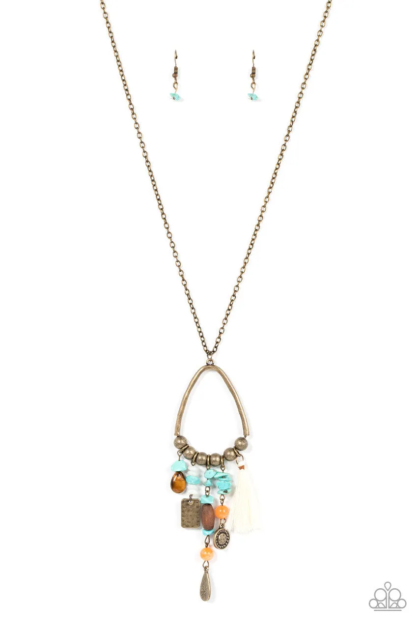 Listen to Your Soul - Brass - Charm Turquoise Blue and Orange Natural Stone Tassel Paparazzi Necklace