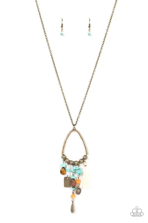 Listen to Your Soul - Brass - Charm Turquoise Blue and Orange Natural Stone Tassel Paparazzi Necklace