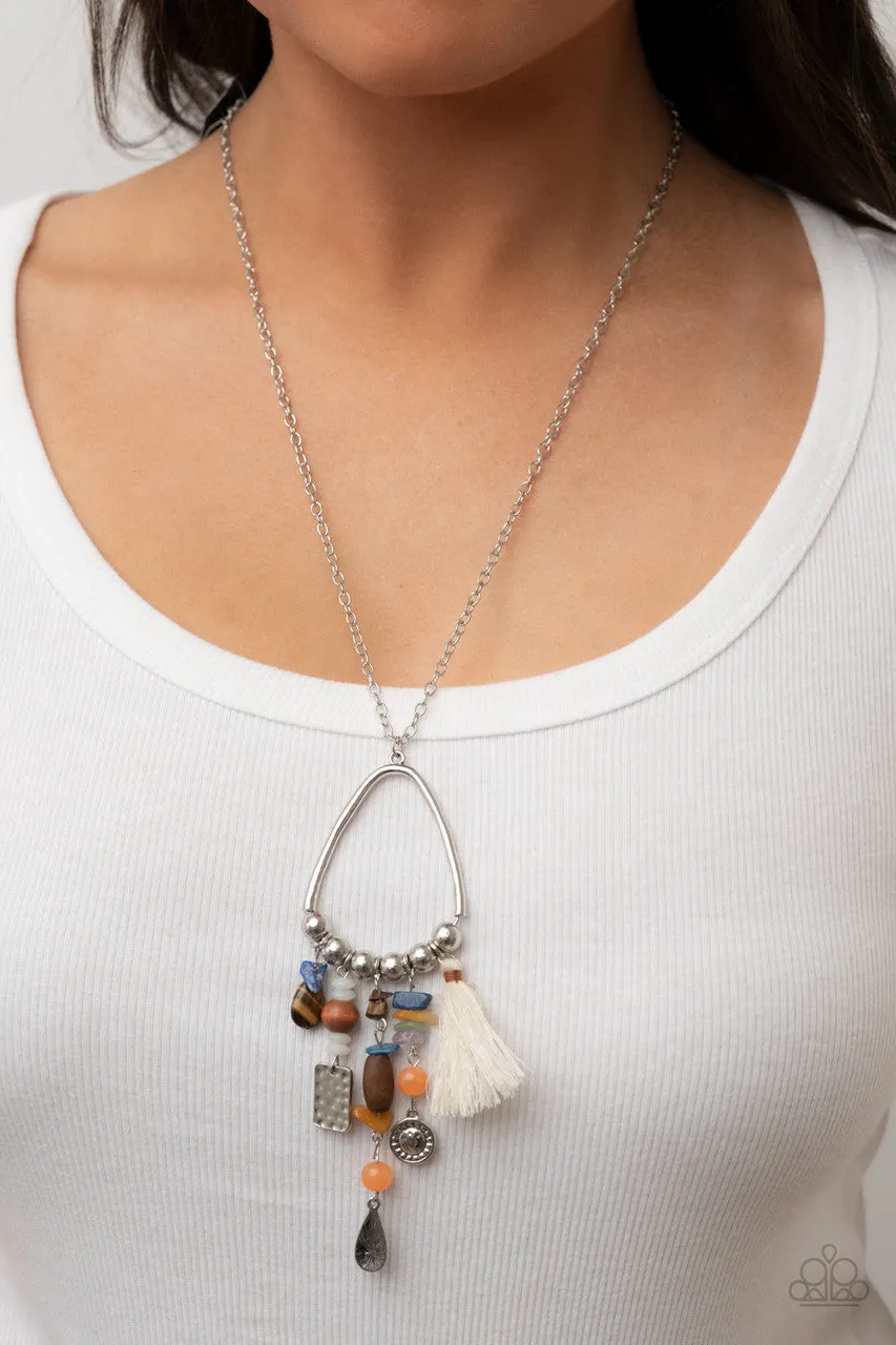 Listen to Your Soul - Multi - Charm Blue and Orange Natural Stone Tassel Paparazzi Necklace