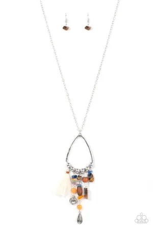 Listen to Your Soul - Multi - Charm Blue and Orange Natural Stone Tassel Paparazzi Necklace