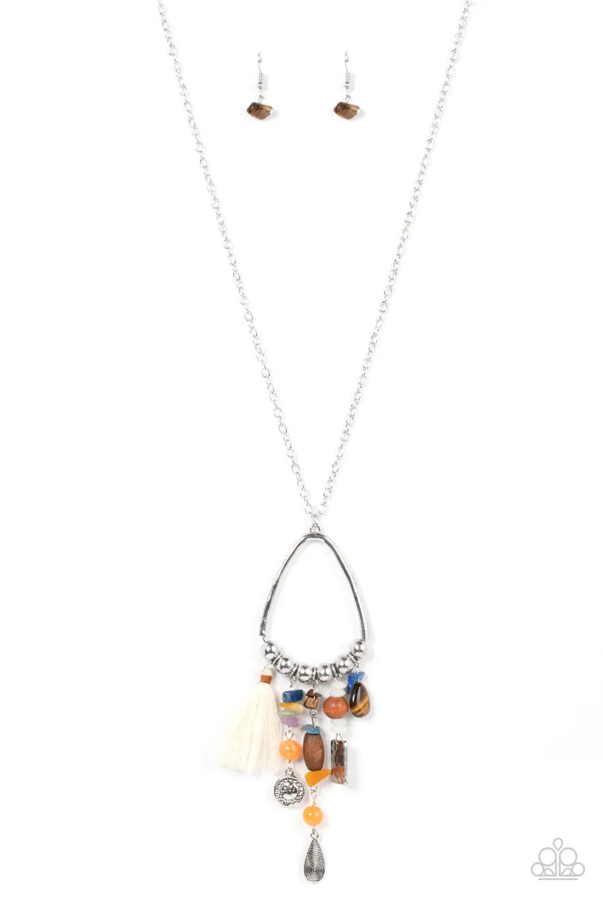 Listen to Your Soul - Multi - Charm Blue and Orange Natural Stone Tassel Paparazzi Necklace