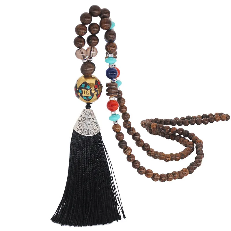 Literary Fringed Necklace Original Beaded Sweater Chain Linen Cotton Accessories