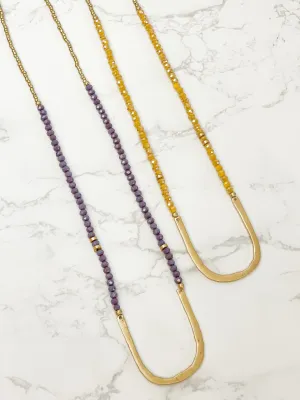 Long Beaded U Shape Pendant Necklace - Purple