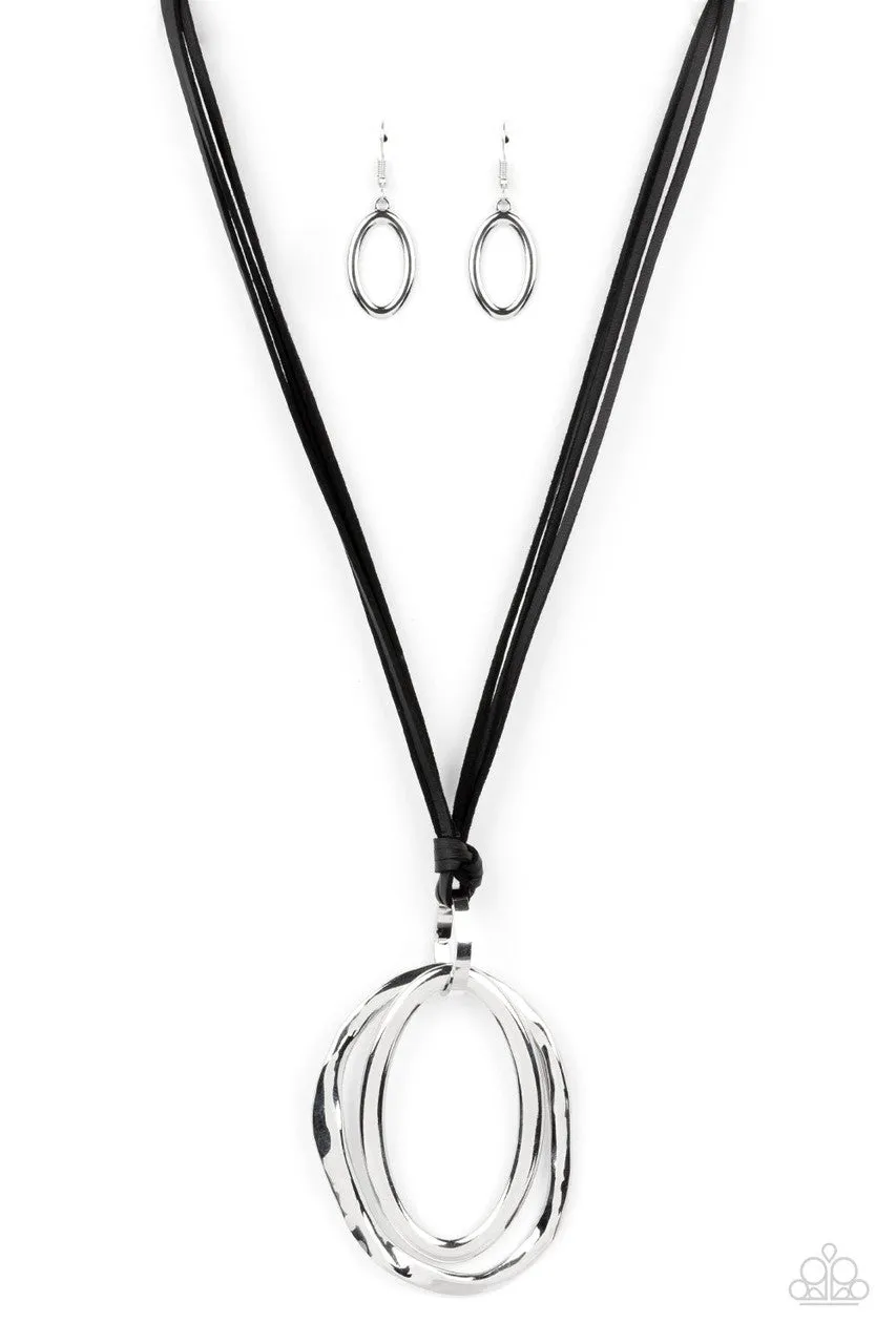 Long OVAL-due - Black - Silver Oval Pendant Leather Paparazzi Necklace
