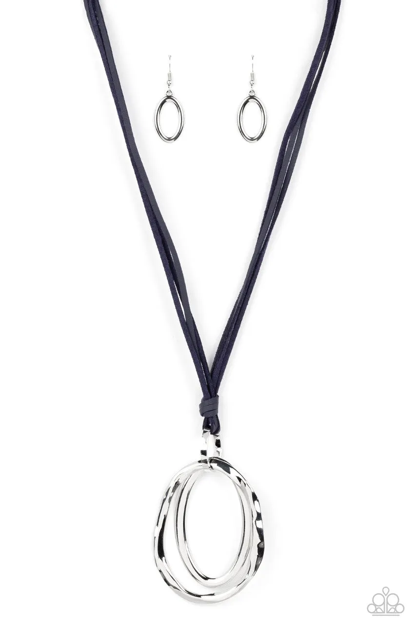 Long OVAL-due - Blue - Silver Oval Pendant Leather Paparazzi Necklace