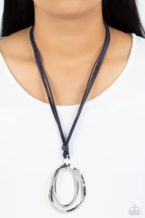 Long OVAL-due - Blue - Silver Oval Pendant Leather Paparazzi Necklace
