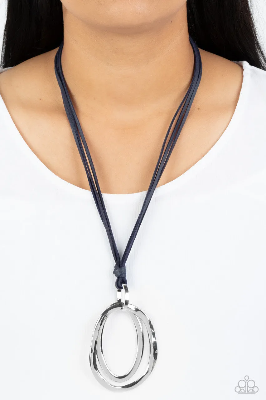 Long OVAL-due - Blue - Silver Oval Pendant Leather Paparazzi Necklace