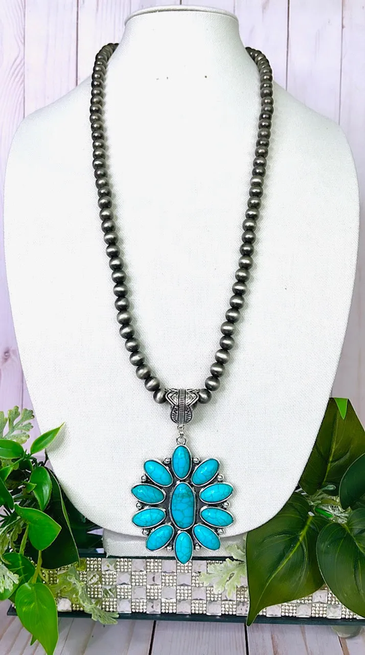 Long Silver Navajo Pearl Necklace with Large Turquoise flower concho pendant